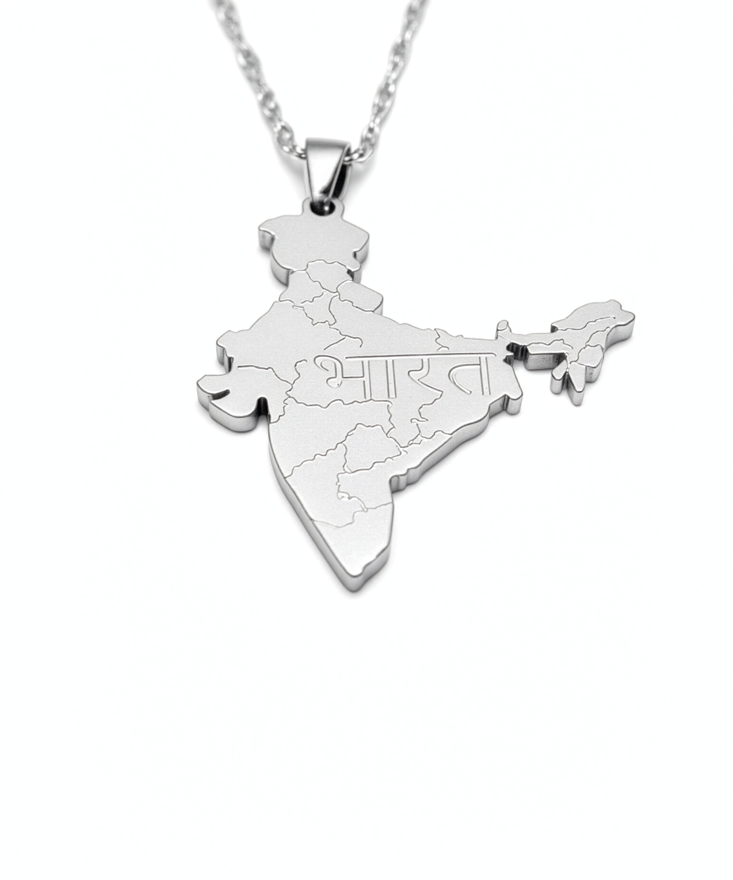 KIRO UK silver plated India map necklace pendant engraved with Bharat in Hindi on a chain