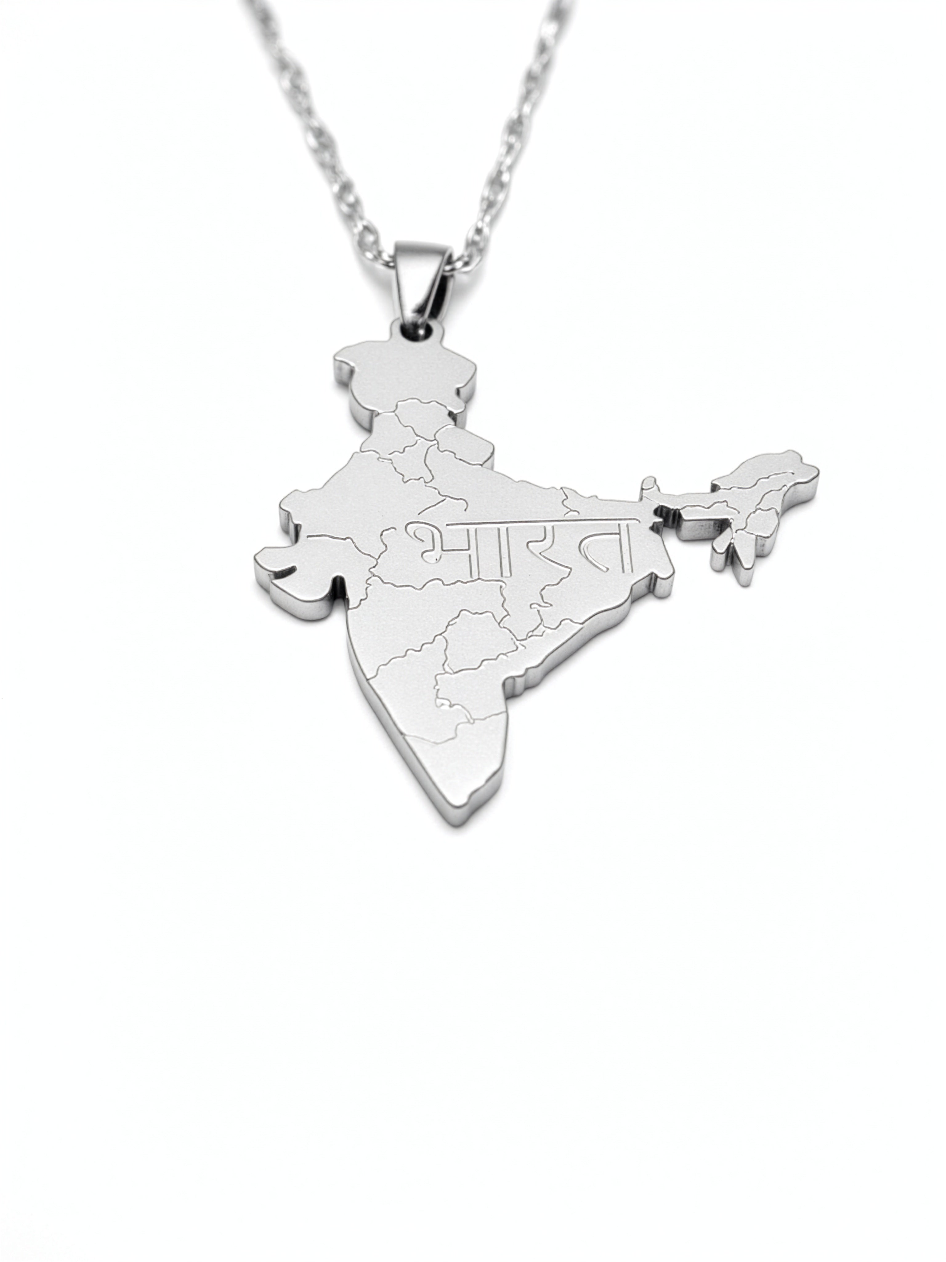 KIRO UK silver plated India map necklace pendant engraved with Bharat in Hindi on a chain