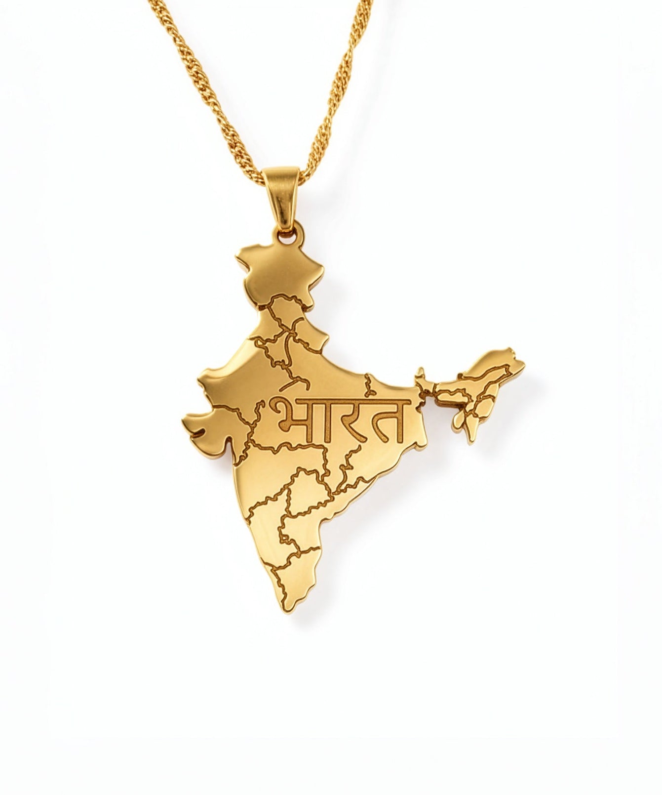 KIRO UK 18K gold plated India map necklace with Bharat engraved in Hindi on a statement pendant chain