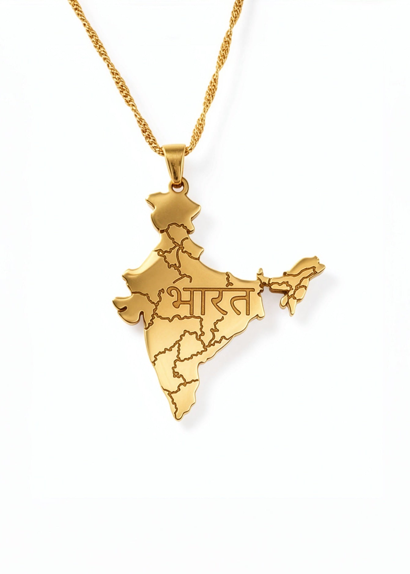 KIRO UK 18K gold plated India map necklace with Bharat engraved in Hindi on a statement pendant chain