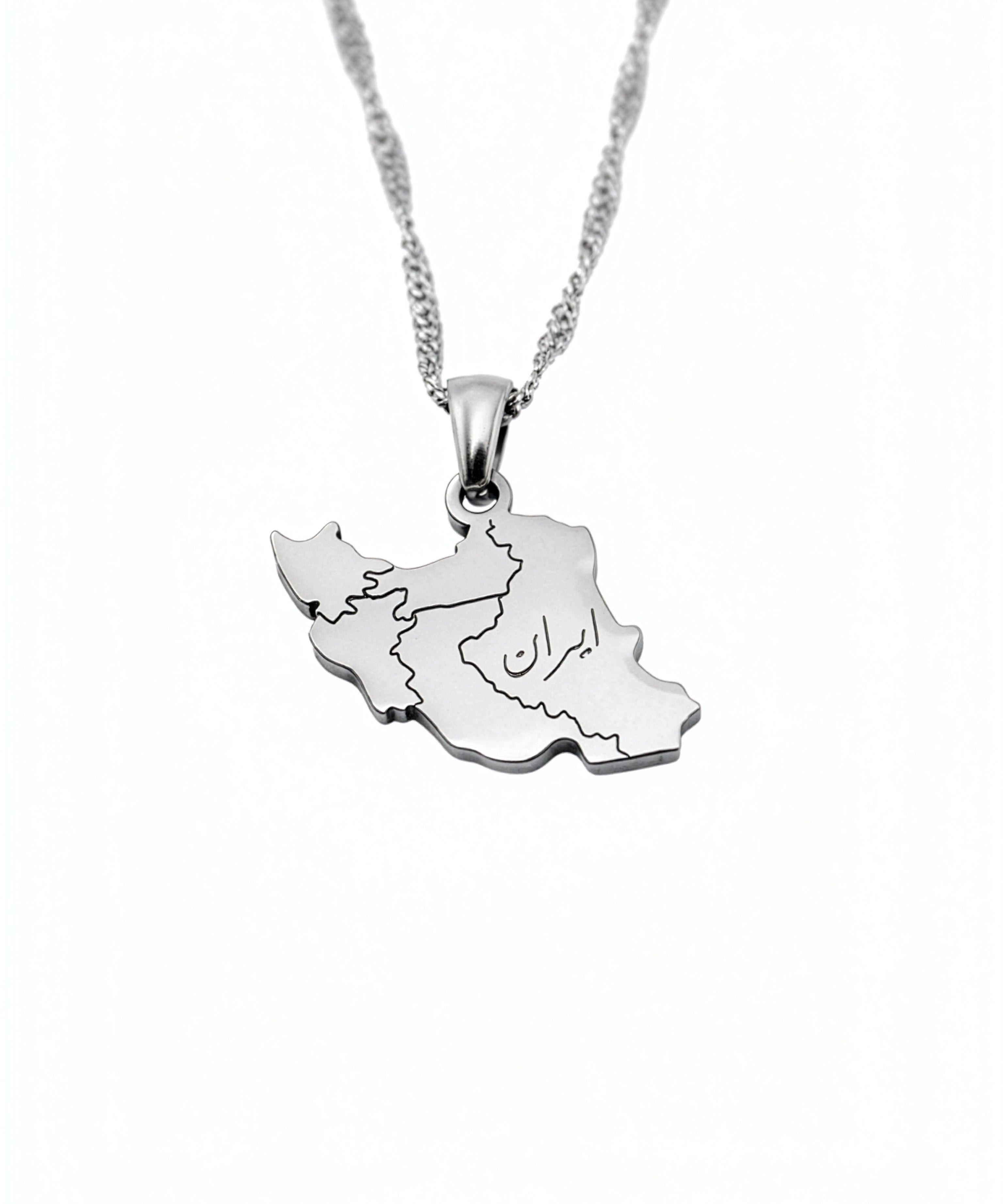Silver plated map of Iran necklace with Persian engraving on a chain KIRO UK cultural jewelry design