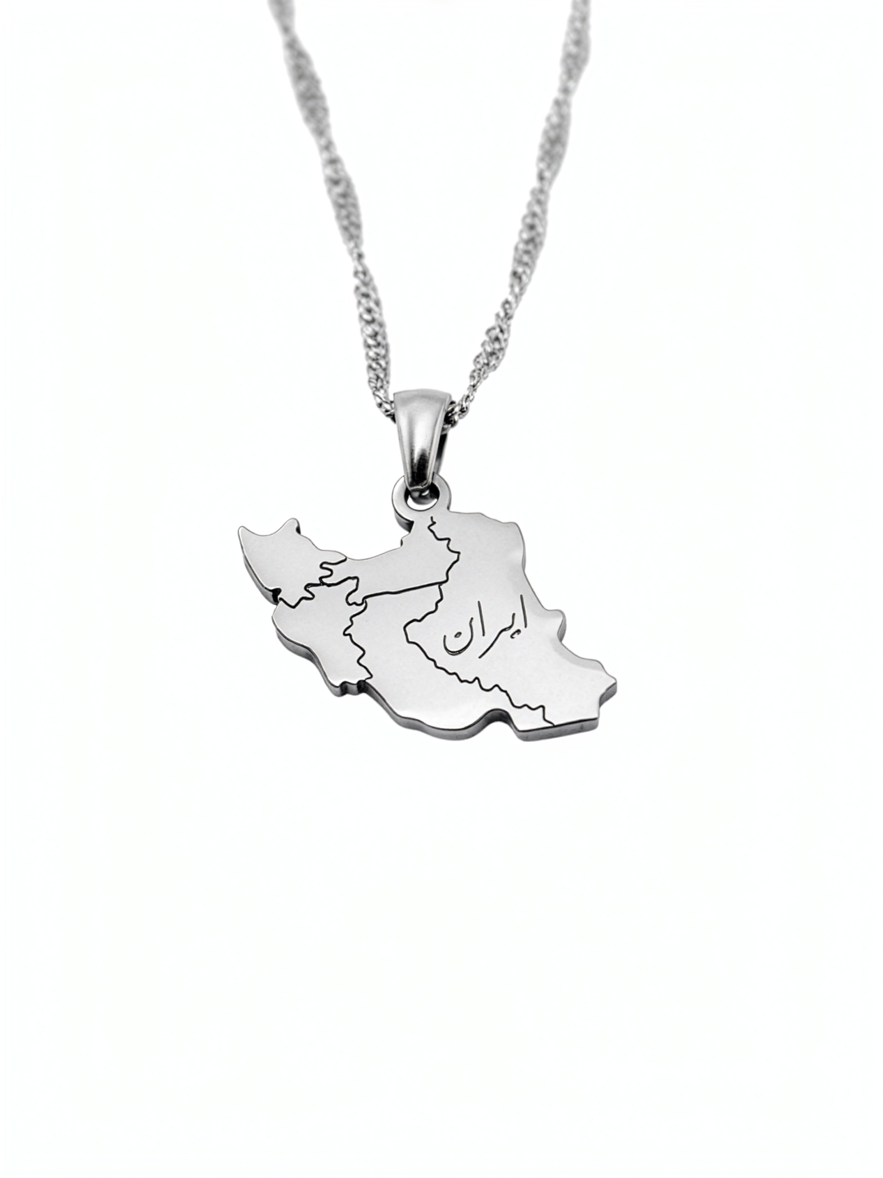 Silver plated map of Iran necklace with Persian engraving on a chain KIRO UK cultural jewelry design
