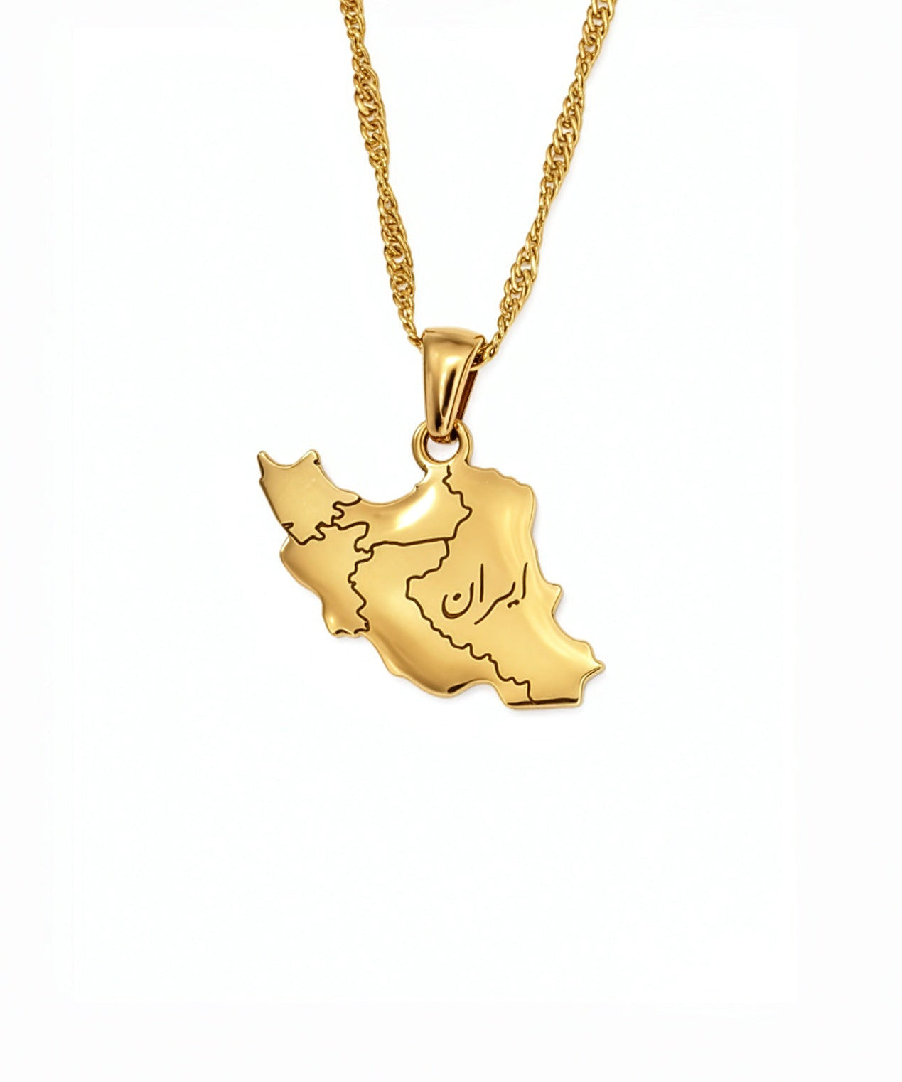 Gold plated Iran map necklace with geometric pendant engraved with Iran in Persian on a gold chain by KIRO UK
