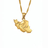 Gold plated Iran map necklace with geometric pendant engraved with Iran in Persian on a gold chain by KIRO UK