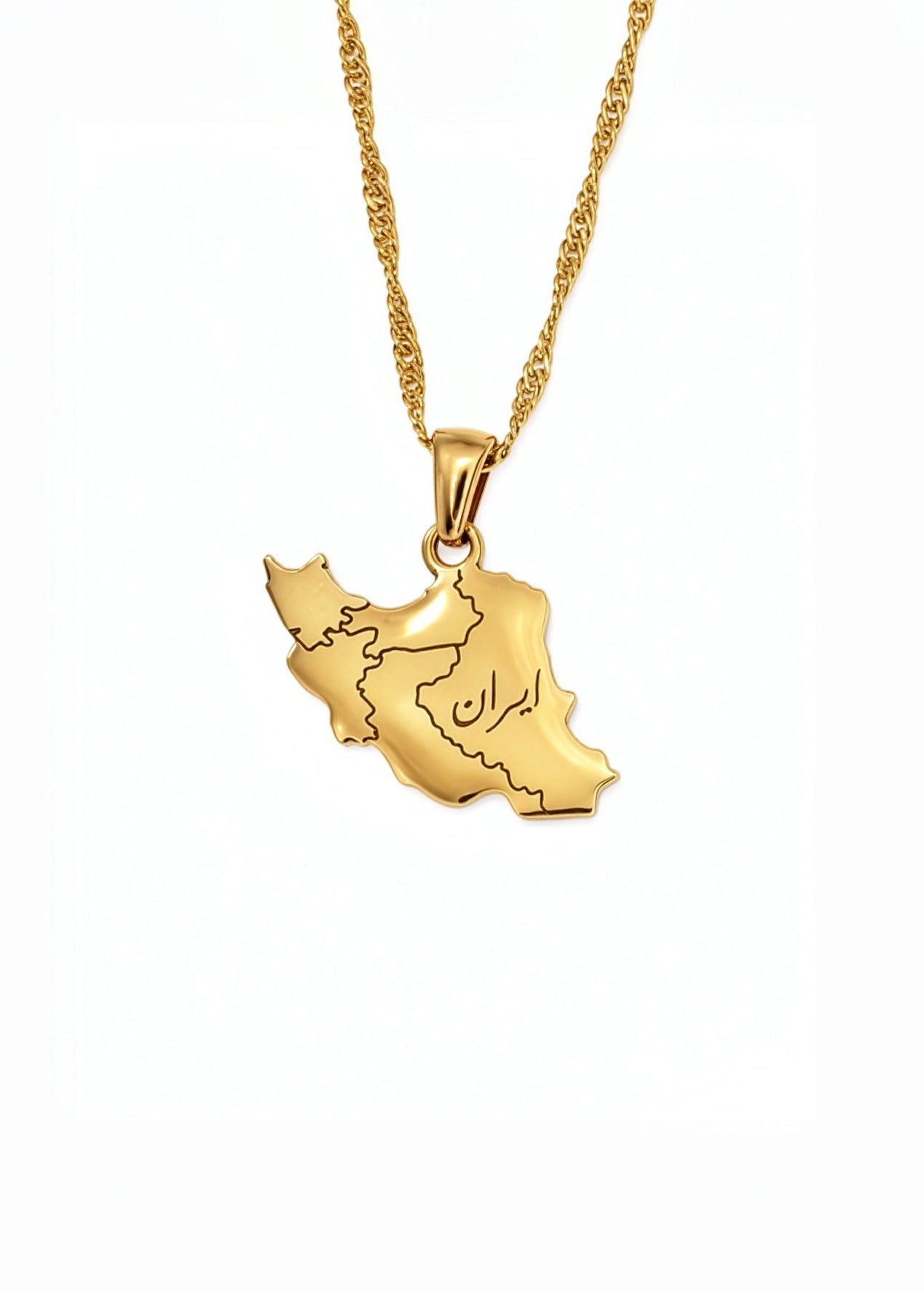Gold plated Iran map necklace with geometric pendant engraved with Iran in Persian on a gold chain by KIRO UK