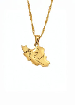 Gold plated Iran map necklace with geometric pendant engraved with Iran in Persian on a gold chain by KIRO UK