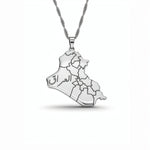 Iraq map necklace with Arabic engraving on a silver plated geometric pendant by KIRO UK celebrating cultural pride and everyday wear