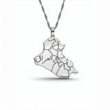 Iraq map necklace with Arabic engraving on a silver plated geometric pendant by KIRO UK celebrating cultural pride and everyday wear