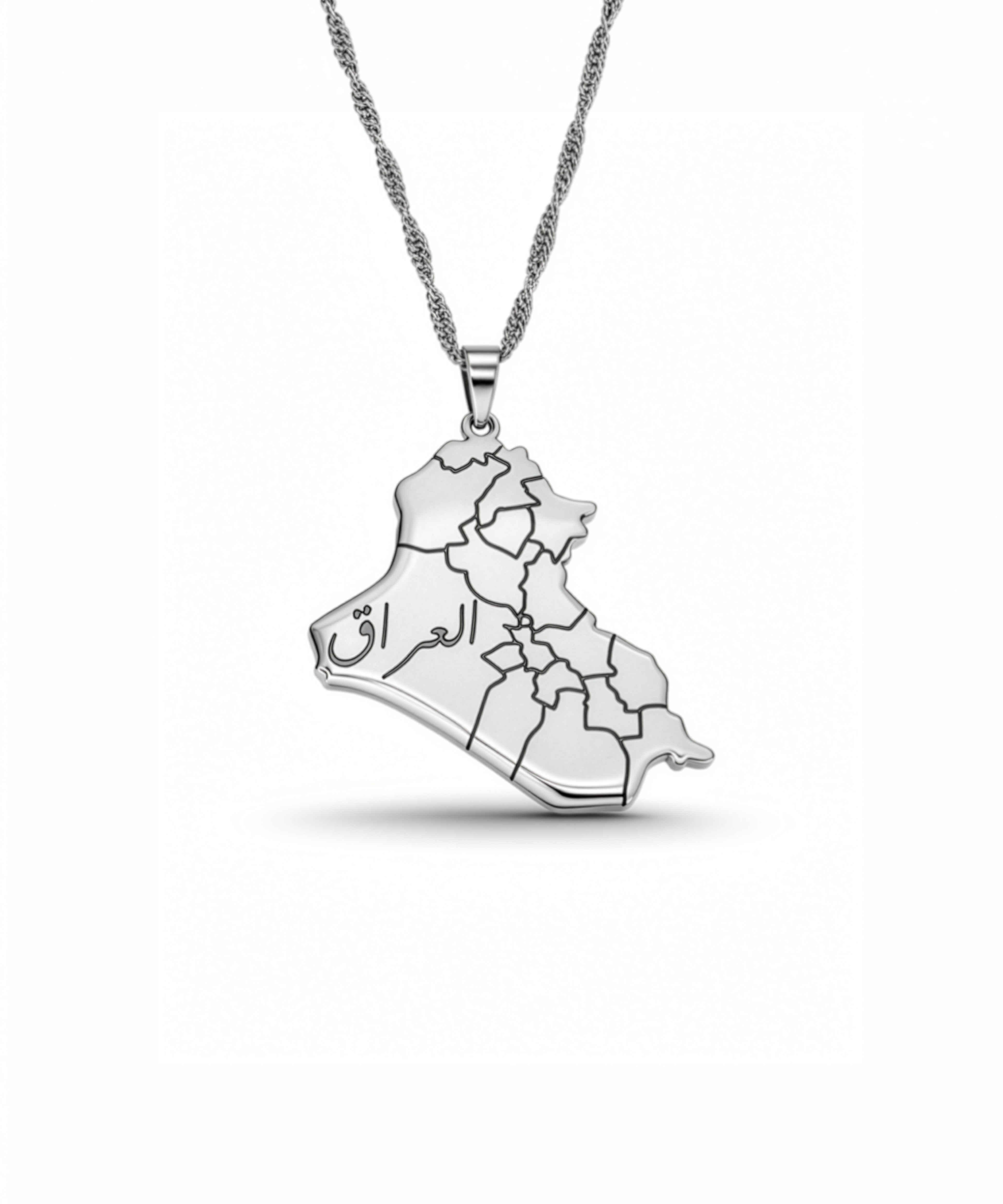 Iraq map necklace with Arabic engraving on a silver plated geometric pendant by KIRO UK celebrating cultural pride and everyday wear