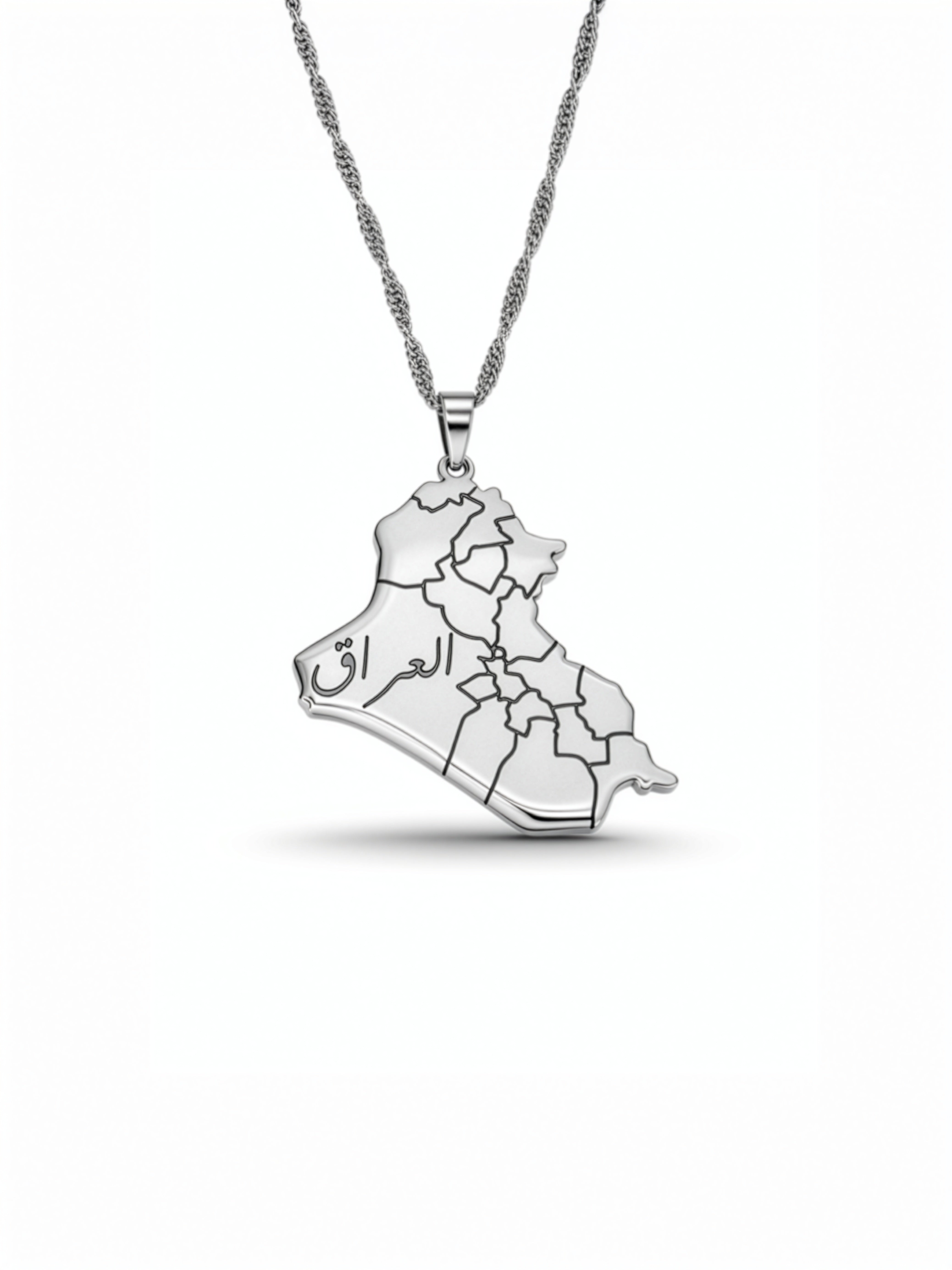 Iraq map necklace with Arabic engraving on a silver plated geometric pendant by KIRO UK celebrating cultural pride and everyday wear