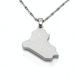 Silver plated map of Iraq pendant necklace with Arabic lettering and geometric detailing a meaningful national pride accessory by KIRO UK
