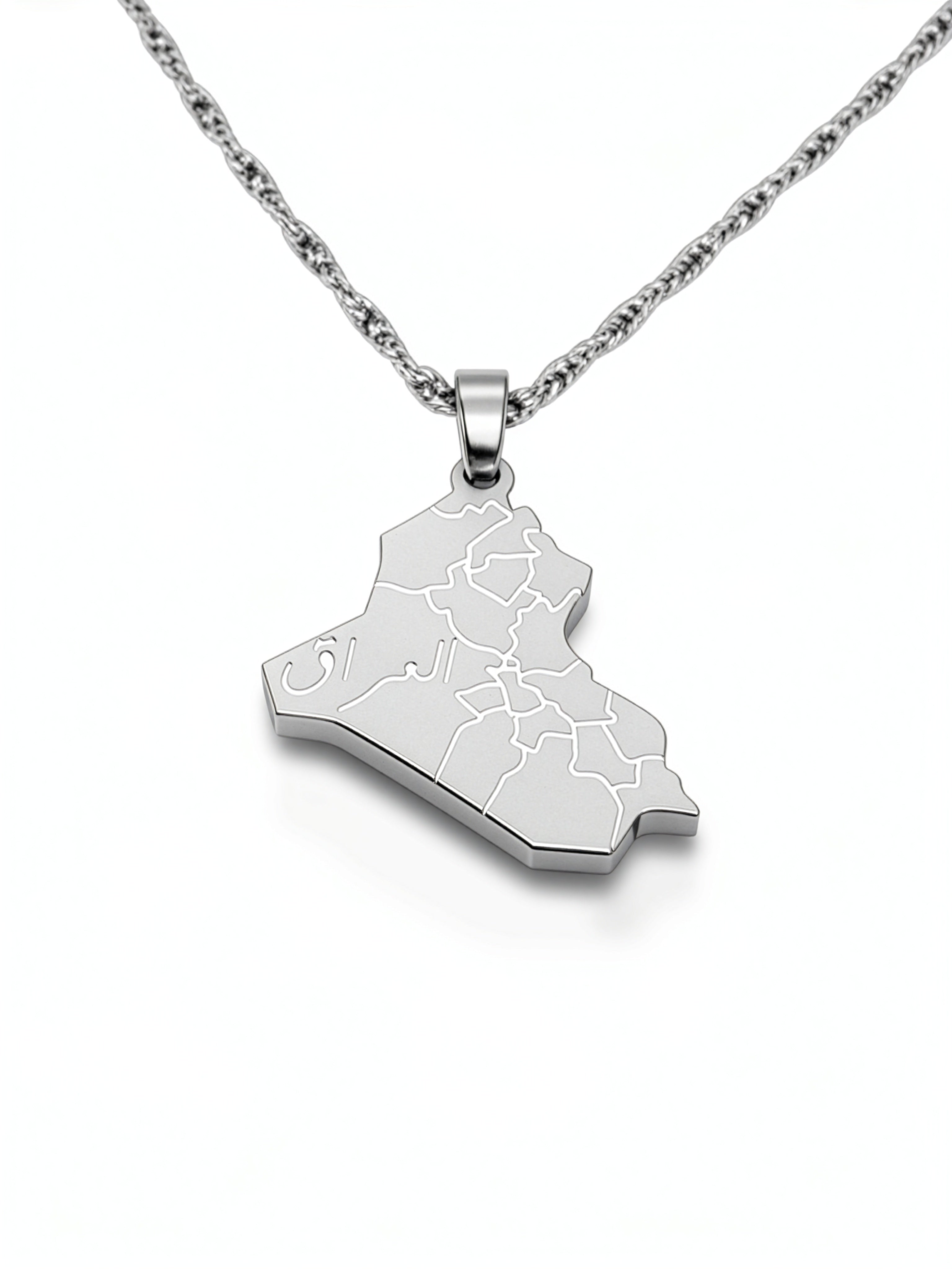 Silver plated map of Iraq pendant necklace with Arabic lettering and geometric detailing a meaningful national pride accessory by KIRO UK