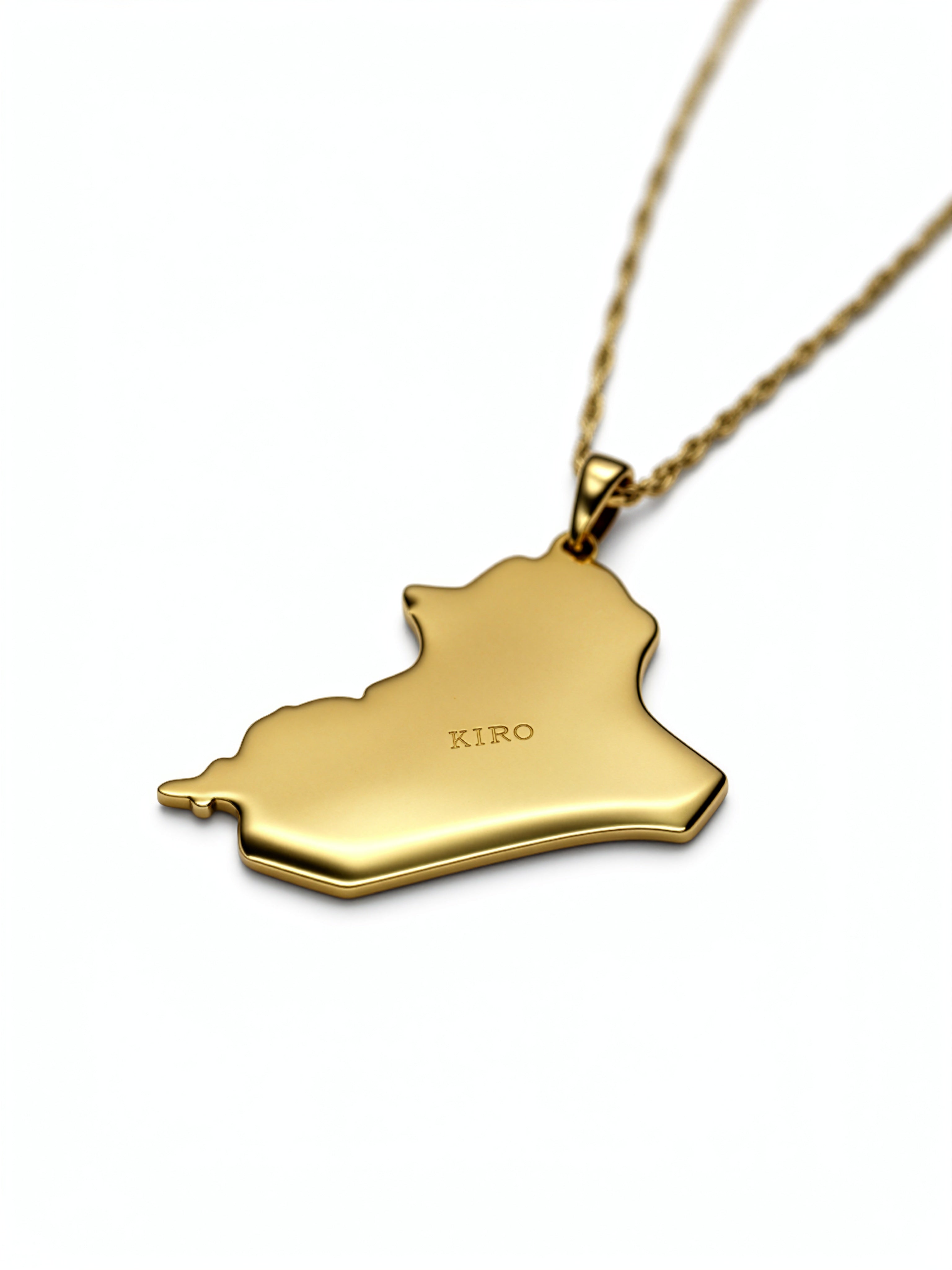 Gold plated Iraq map pendant necklace with KIRO engraving on the reverse and a delicate chain from KIRO UK