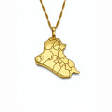 Gold plated Iraq map necklace with Arabic engraving and geometric details on a chain from KIRO UK