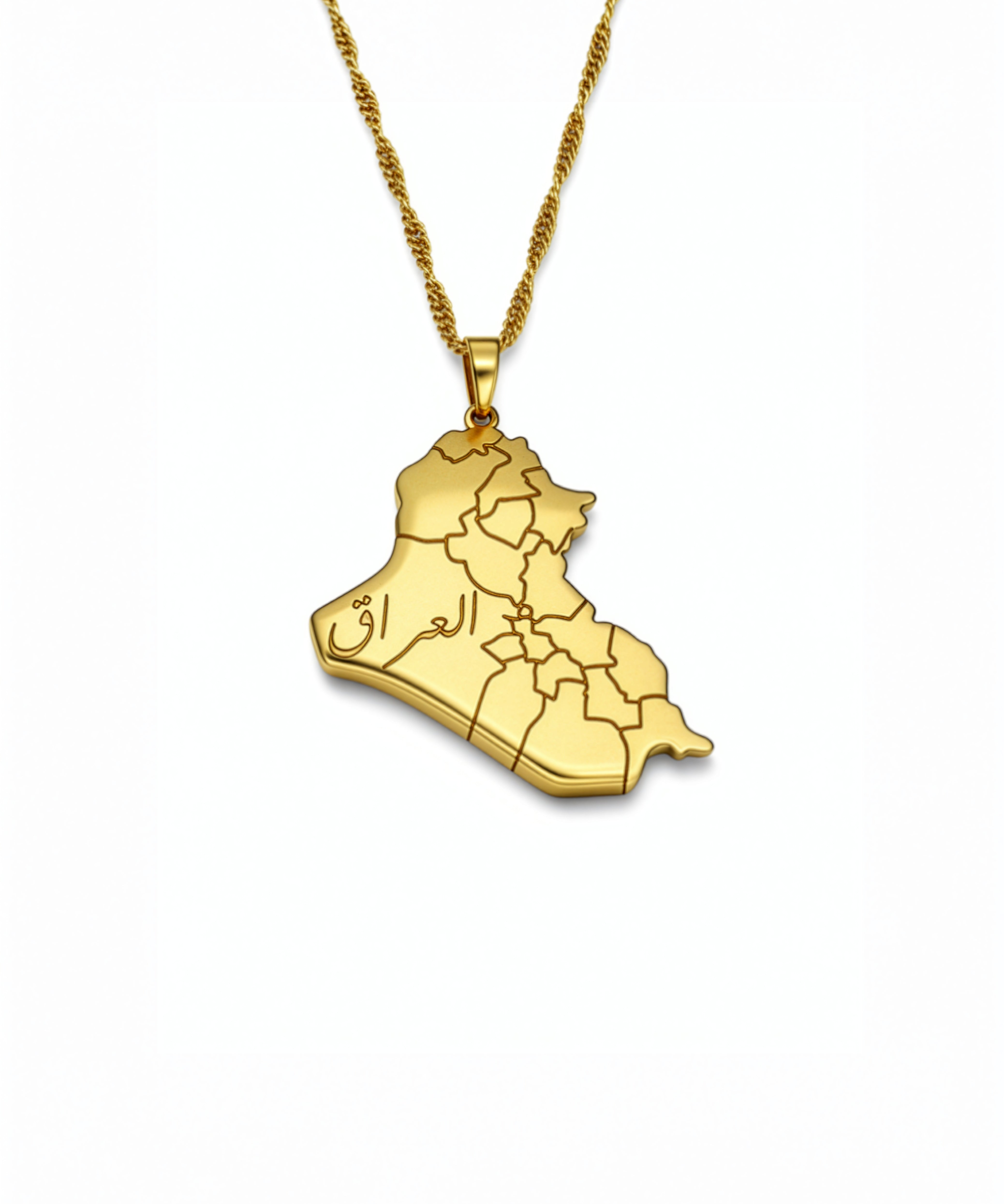 Gold plated Iraq map necklace with Arabic engraving and geometric details on a chain from KIRO UK