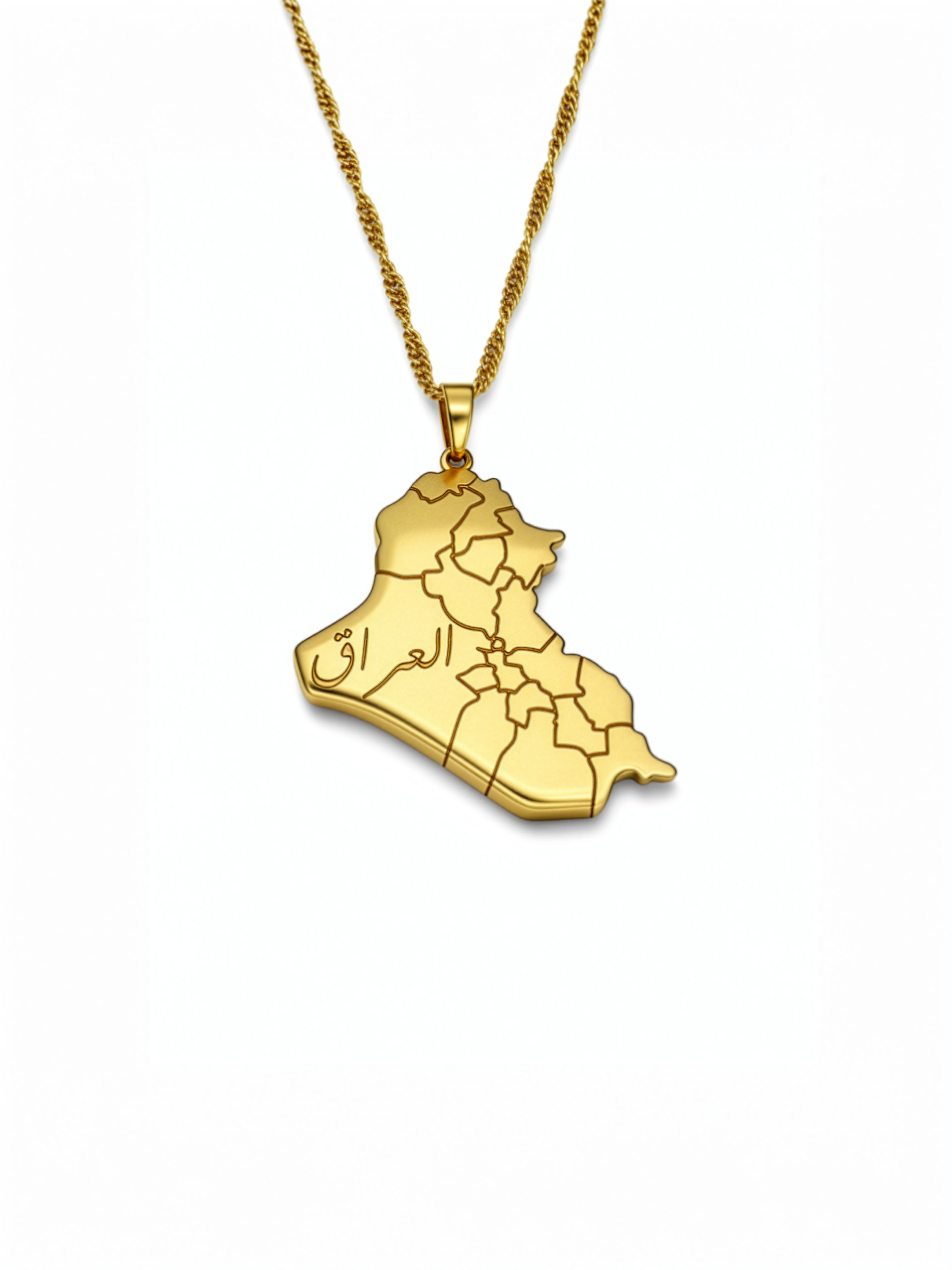 Gold plated Iraq map necklace with Arabic engraving and geometric details on a chain from KIRO UK