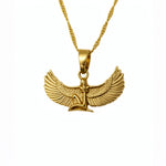 Gold plated Egyptian Isis goddess statement necklace with a detailed winged pendant on a chain by KIRO UK