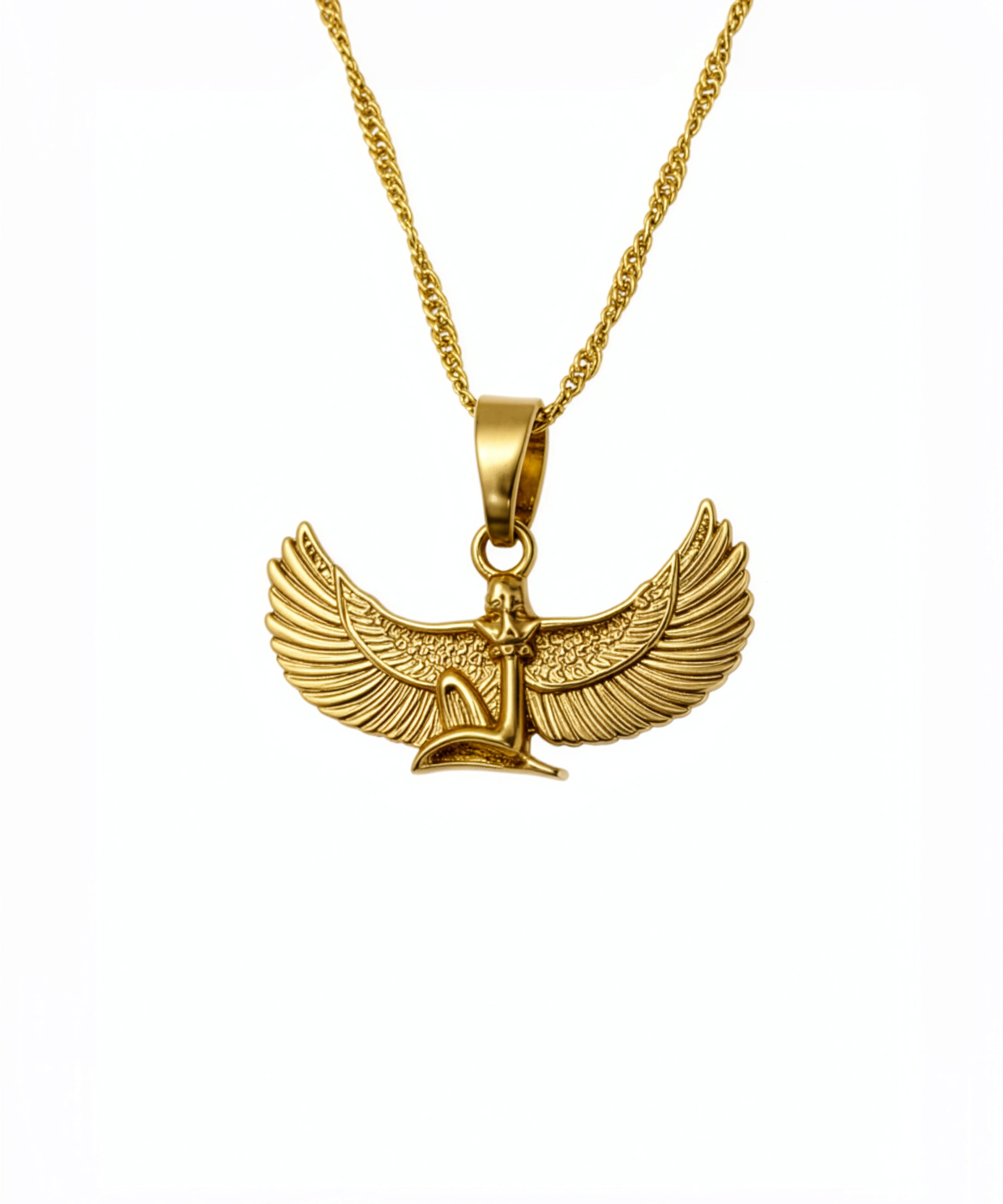 Gold plated Egyptian Isis goddess statement necklace with a detailed winged pendant on a chain by KIRO UK