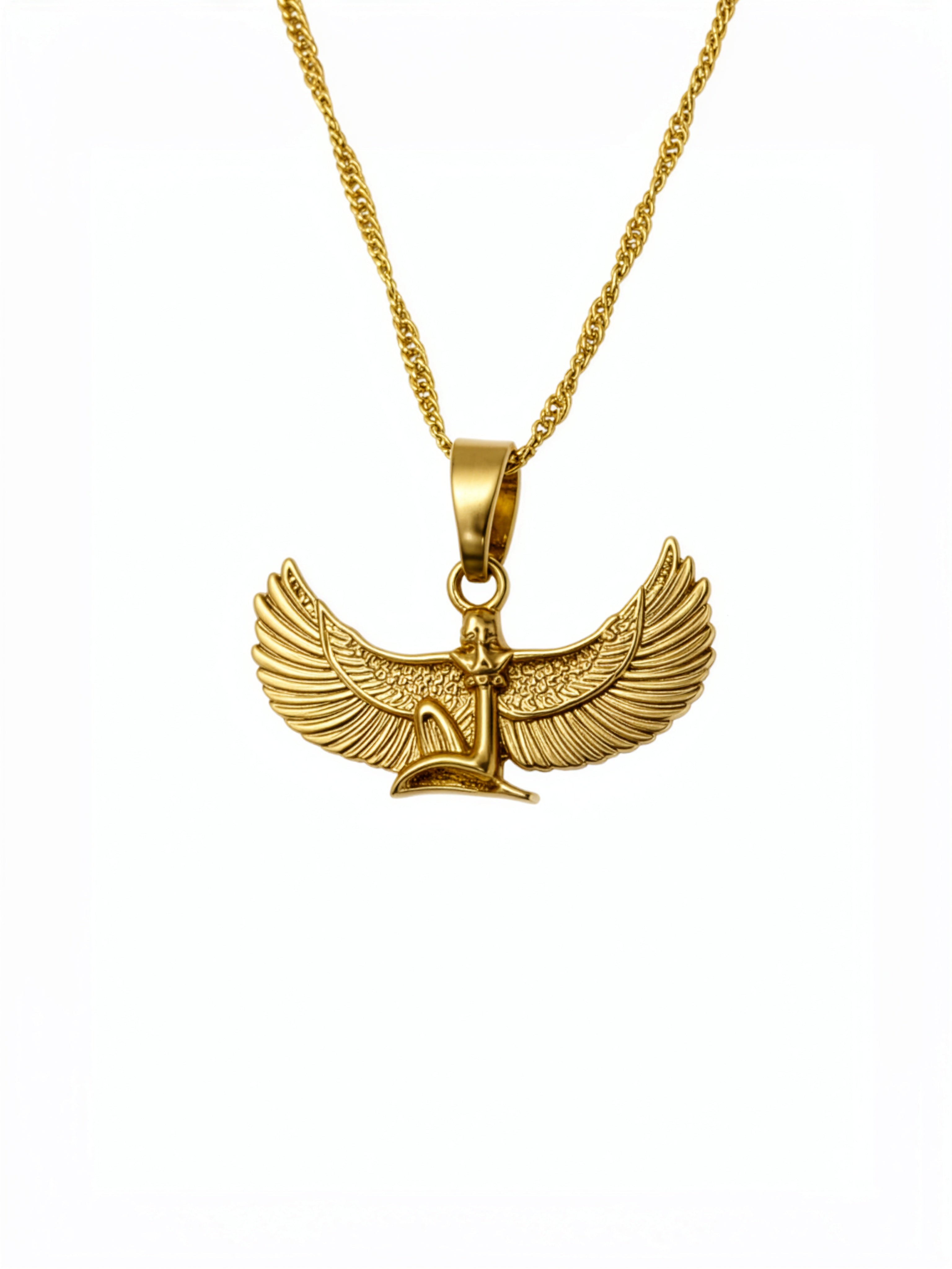 Gold plated Egyptian Isis goddess statement necklace with a detailed winged pendant on a chain by KIRO UK