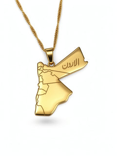 18K gold plated Jordan map pendant necklace with Arabic lettering on the front and a textured chain by KIRO UK