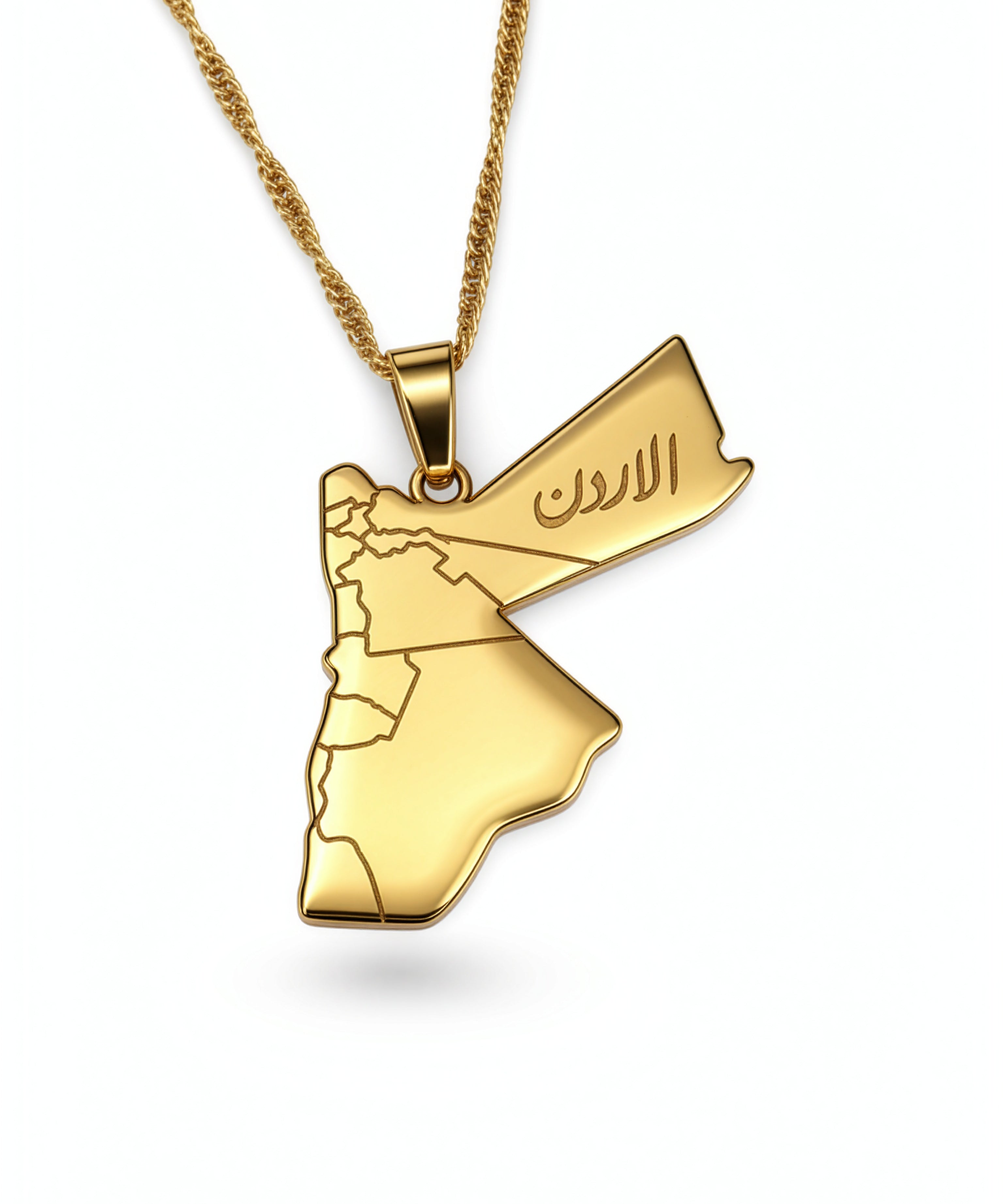 18K gold plated Jordan map pendant necklace with Arabic lettering on the front and a textured chain by KIRO UK