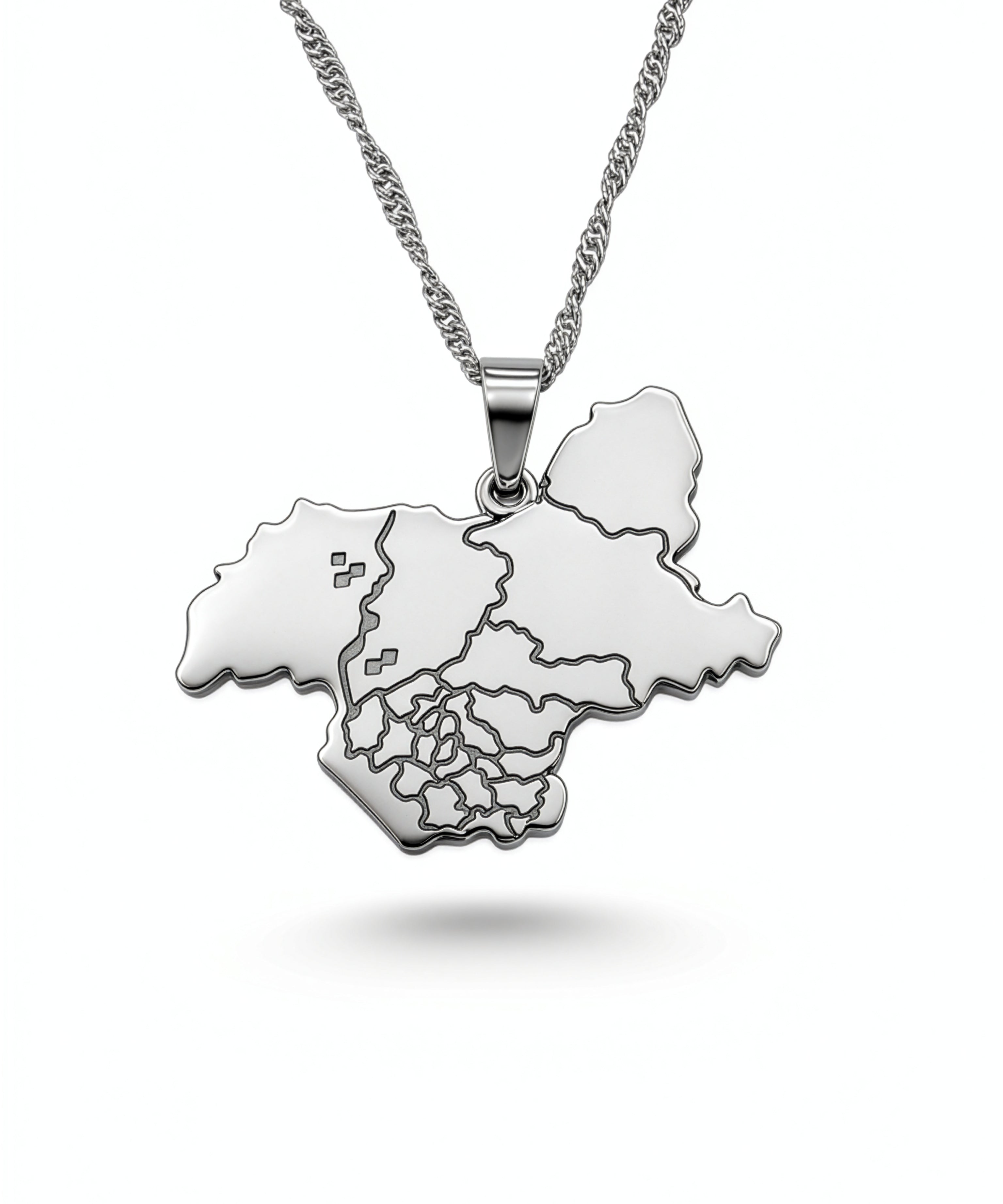Silver plated Kashmir map pendant necklace with Urdu engraving on a chain celebrating national pride by KIRO UK