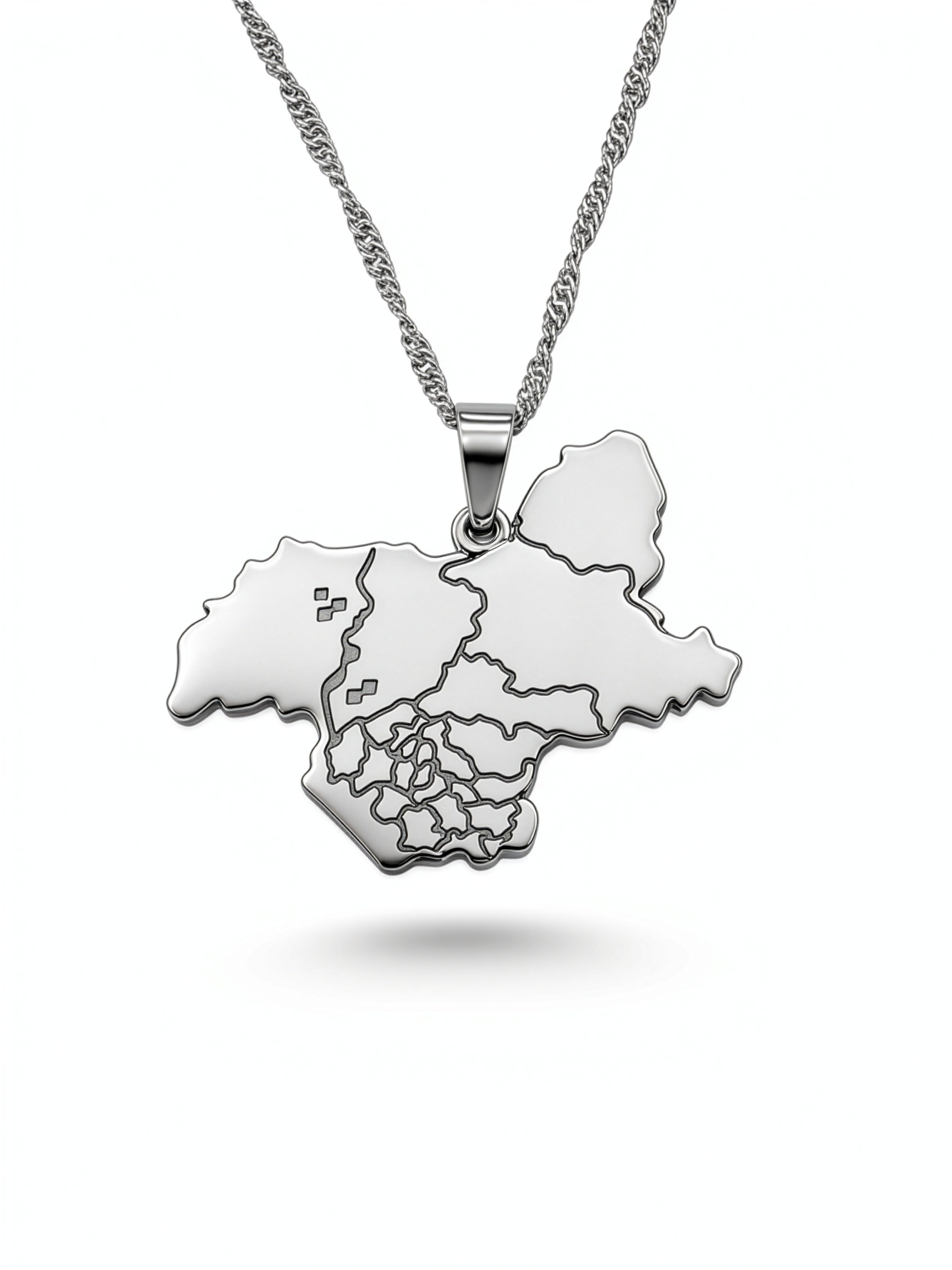 Silver plated Kashmir map pendant necklace with Urdu engraving on a chain celebrating national pride by KIRO UK