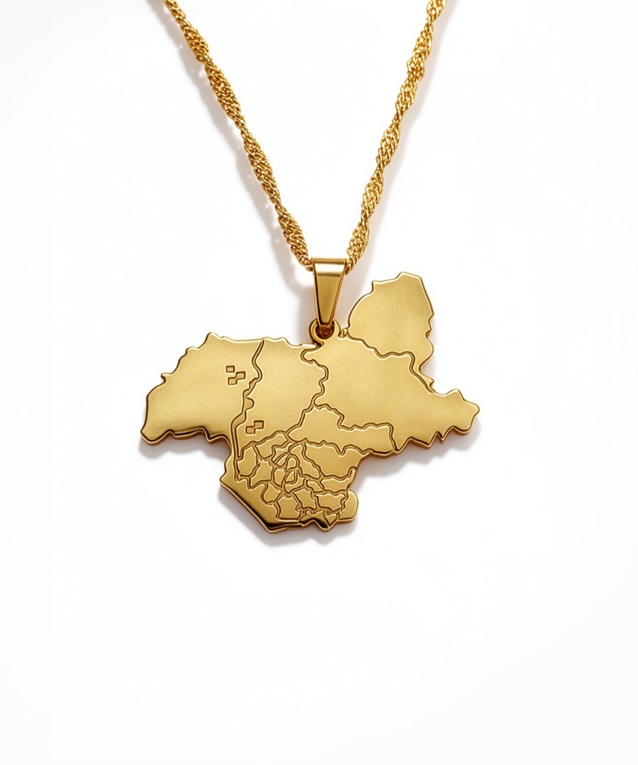 Gold plated Kashmir map necklace with Urdu engraving and a detailed pendant celebrating national pride in a distinctive statement design
