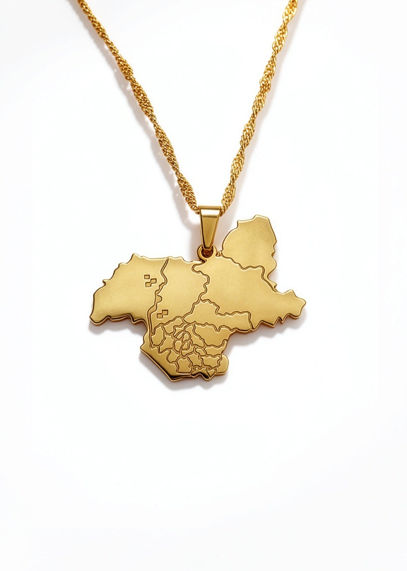 Gold plated Kashmir map necklace with Urdu engraving and a detailed pendant celebrating national pride in a distinctive statement design
