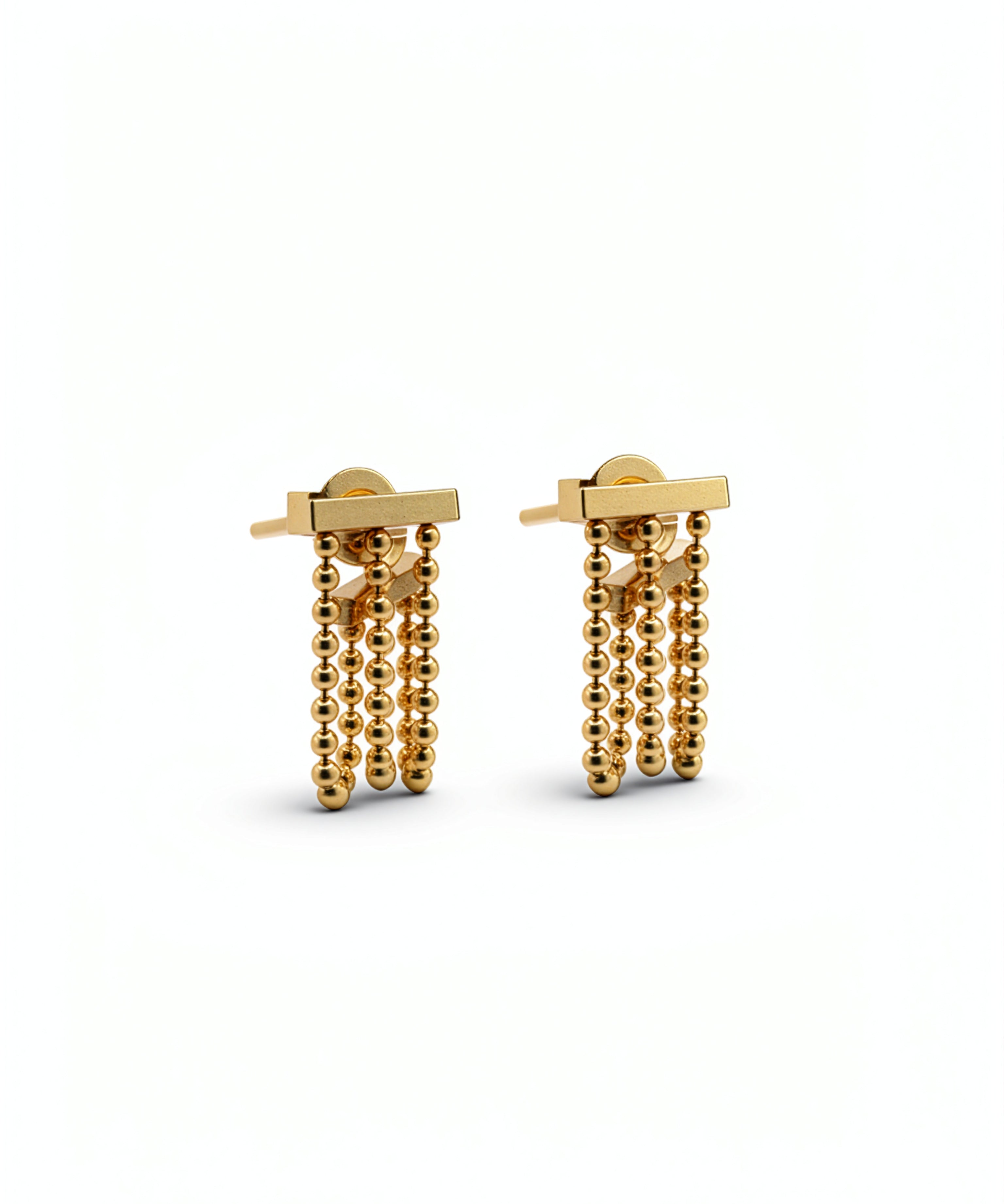 18K gold plated beaded earrings by KIRO UK with layered drop chains and rectangular bar details from the Earrings and Everyday Essentials collections