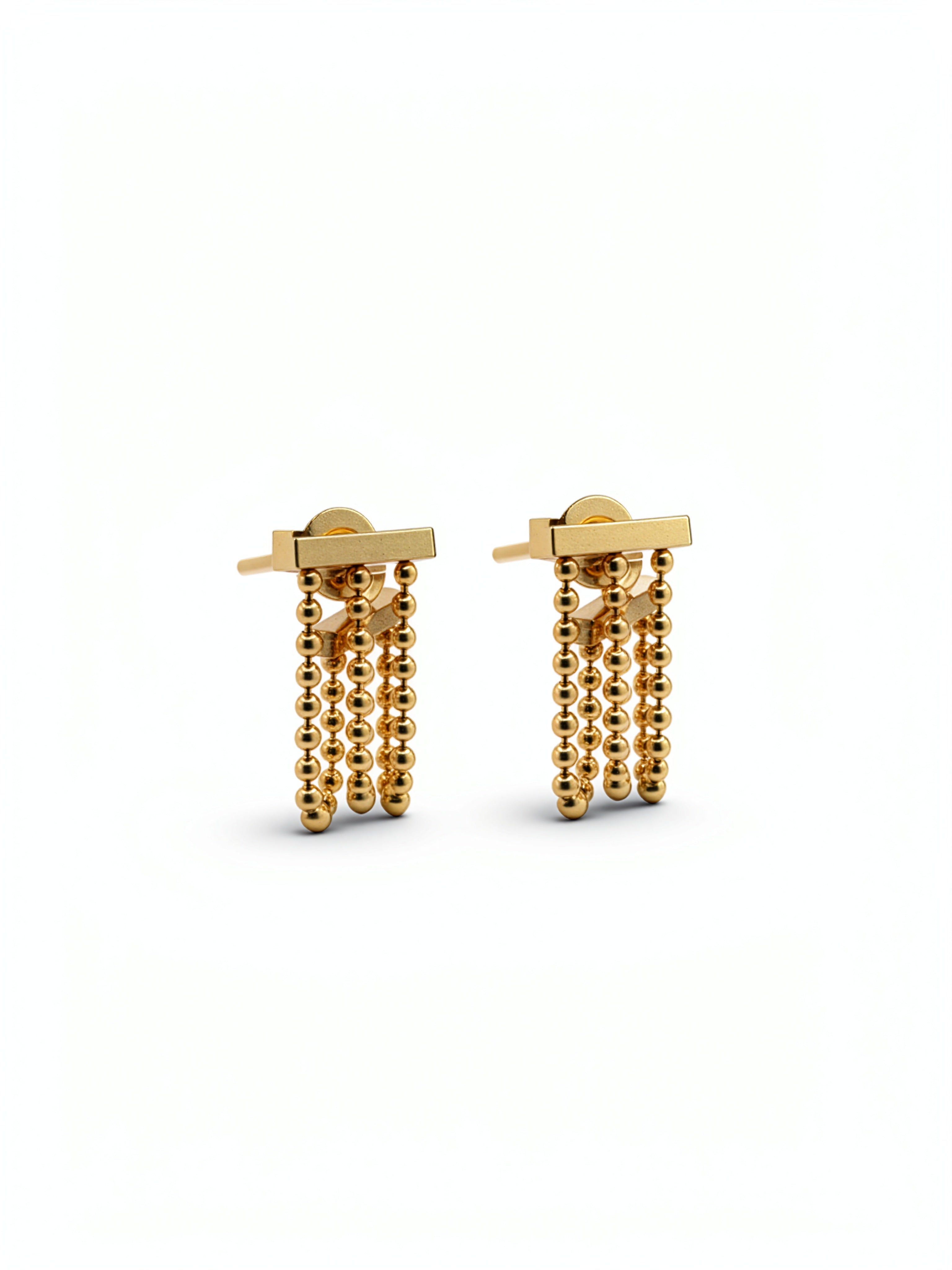 18K gold plated beaded earrings by KIRO UK with layered drop chains and rectangular bar details from the Earrings and Everyday Essentials collections
