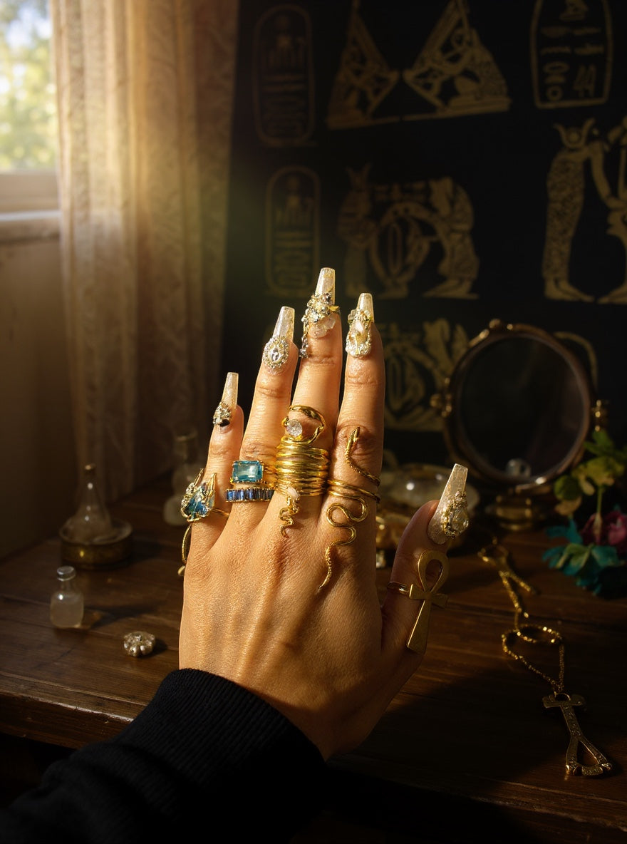 KIRO Amarna Ring with blue-green cubic zirconia on 18K gold plated band, resizeable. Stacked with other gold rings.