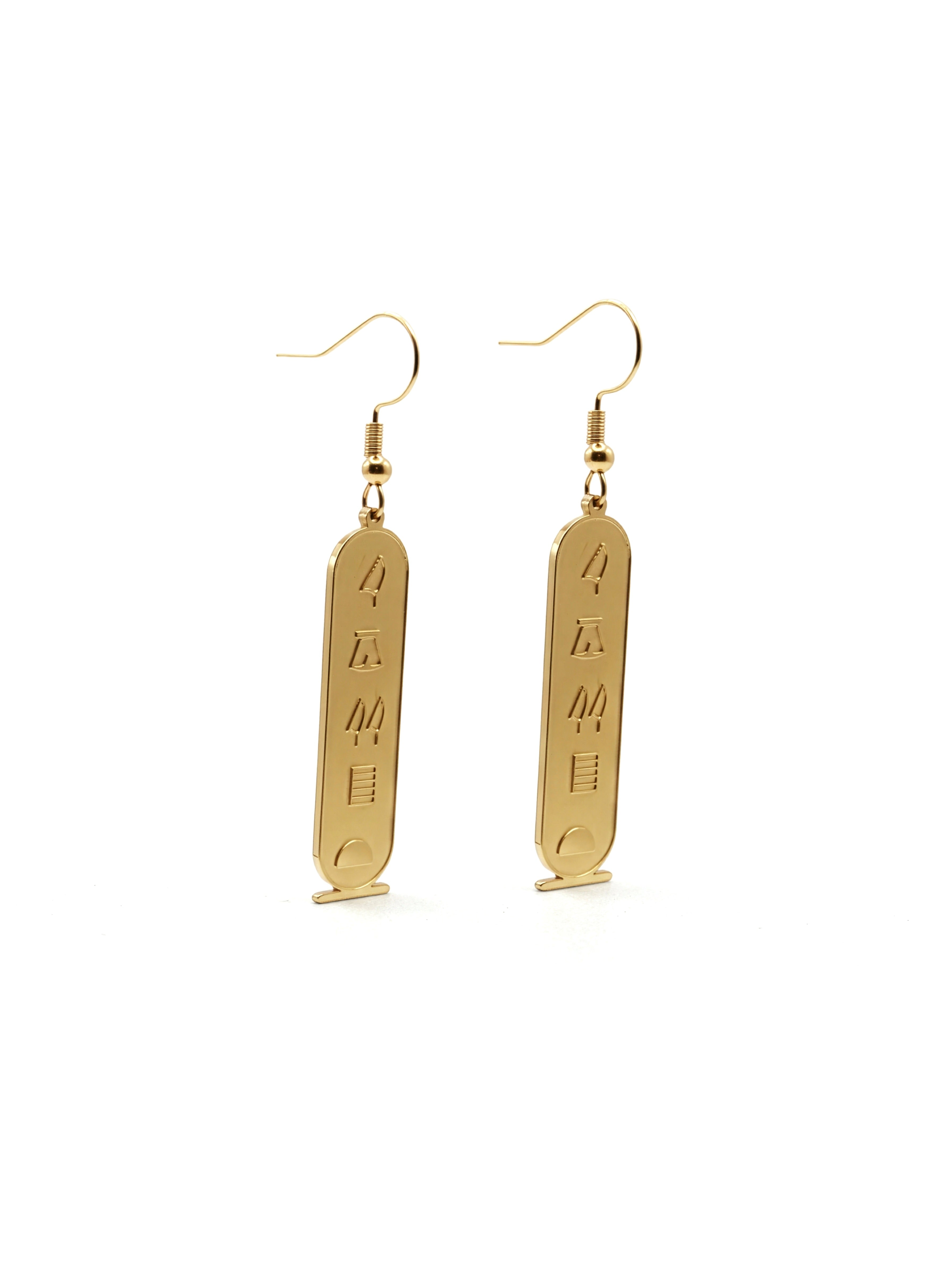 KIRO 18K gold plated stainless steel drop earrings featuring engraved Egyptian hieroglyph cartouche pendants.
