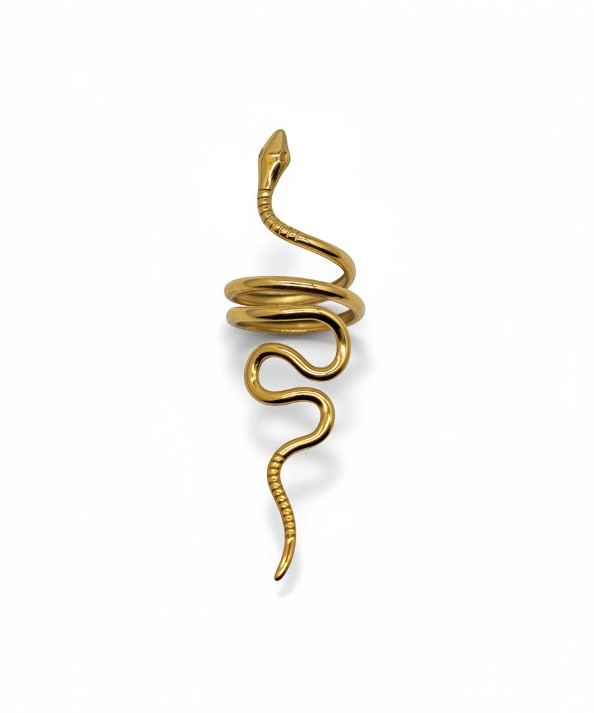 KIRO gold plated snake ring with intricate detailing, wraps around finger. Resizable statement jewelry.