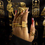 18k Gold plated KIRO meroe two finger bar ring, stacked with other rings on different fingers.