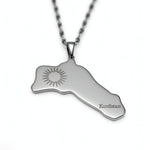Silver plated Kurdistan map necklace with engraved sun emblem and Kurdistan lettering on a stainless steel pendant by KIRO UK