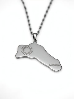 Silver plated Kurdistan map necklace with engraved sun emblem and Kurdistan lettering on a stainless steel pendant by KIRO UK