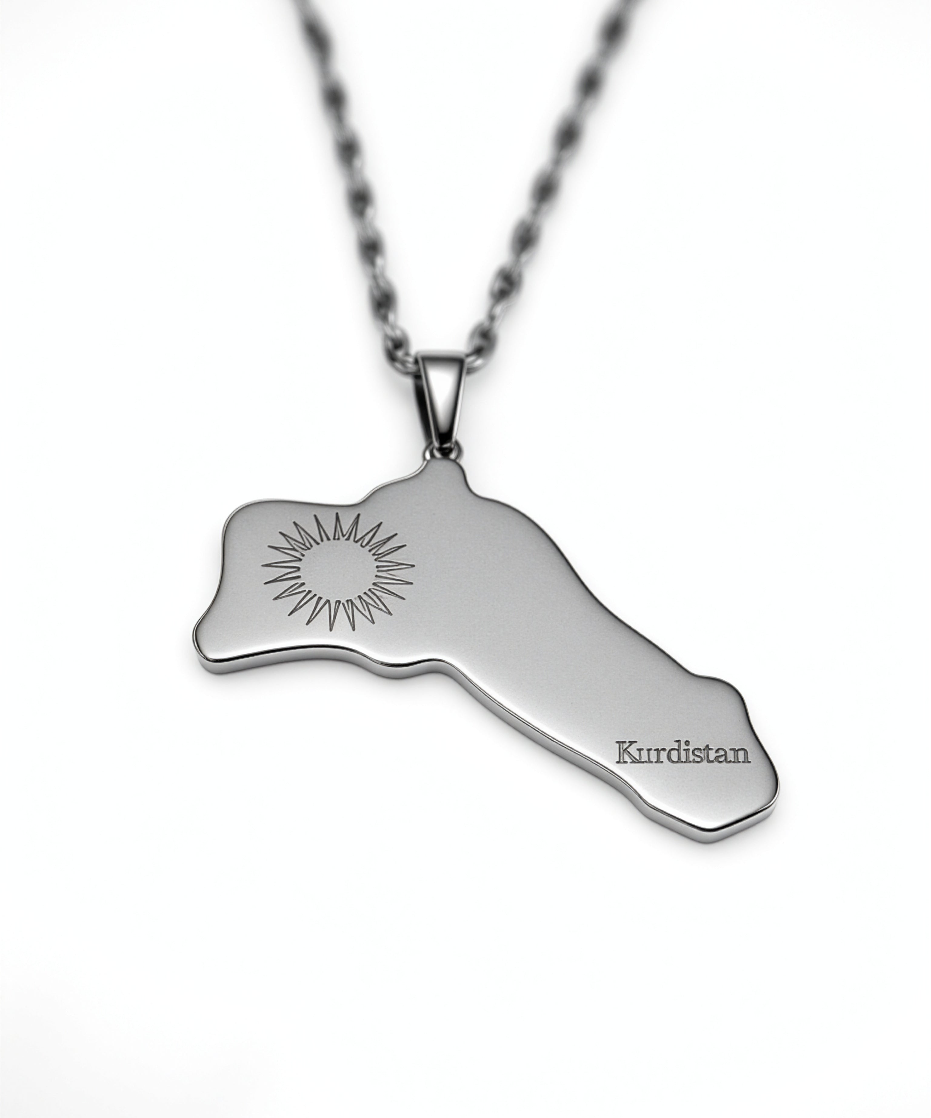 Silver plated Kurdistan map necklace with engraved sun emblem and Kurdistan lettering on a stainless steel pendant by KIRO UK