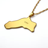 Gold plated Kurdistan map pendant necklace with KIRO UK engraving on a linked chain shown against a white background