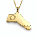 18K gold plated Kurdistan map necklace with engraved sun emblem and Kurdistan lettering on a chain by KIRO UK