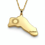 18K gold plated Kurdistan map necklace with engraved sun emblem and Kurdistan lettering on a chain by KIRO UK