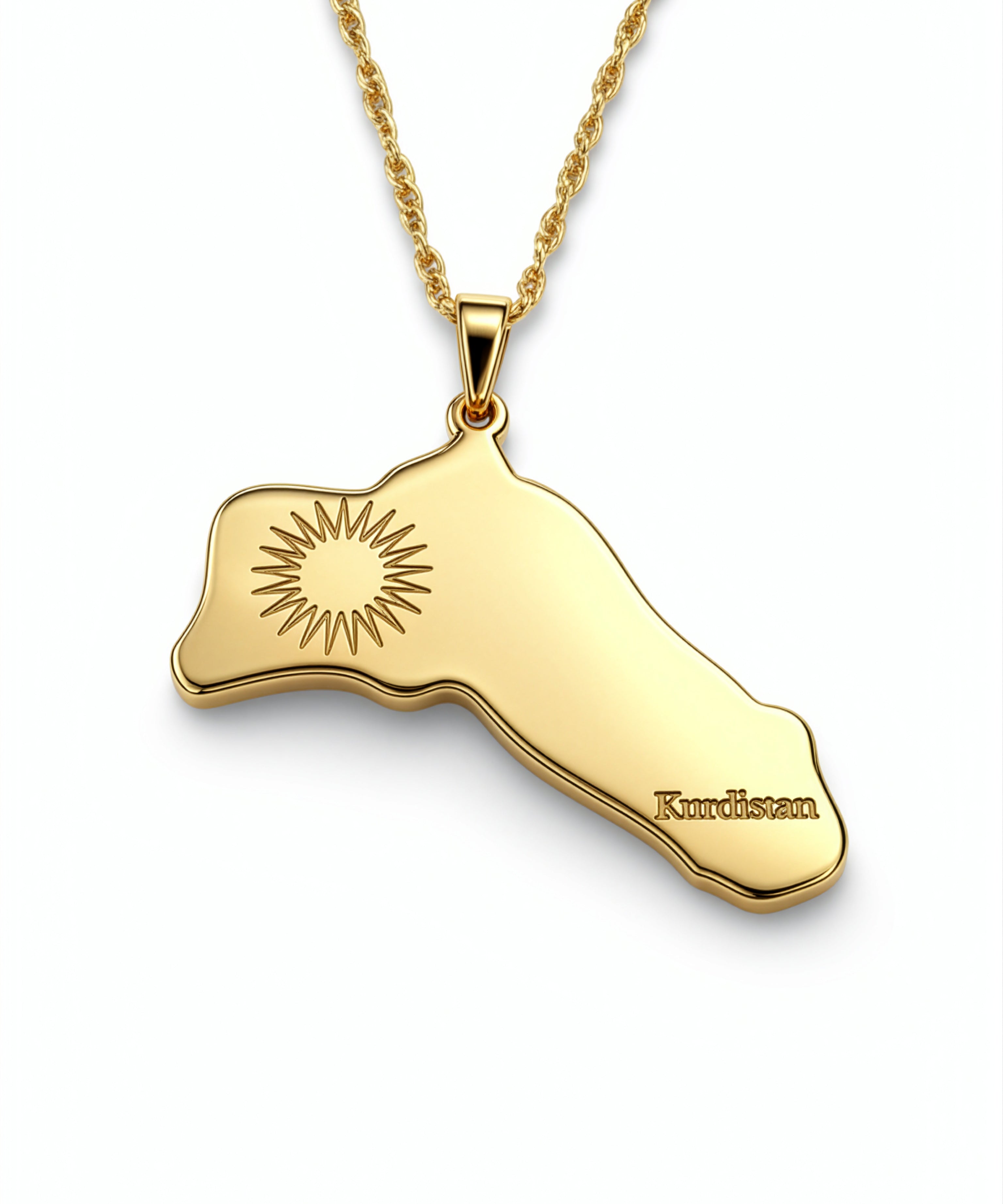18K gold plated Kurdistan map necklace with engraved sun emblem and Kurdistan lettering on a chain by KIRO UK