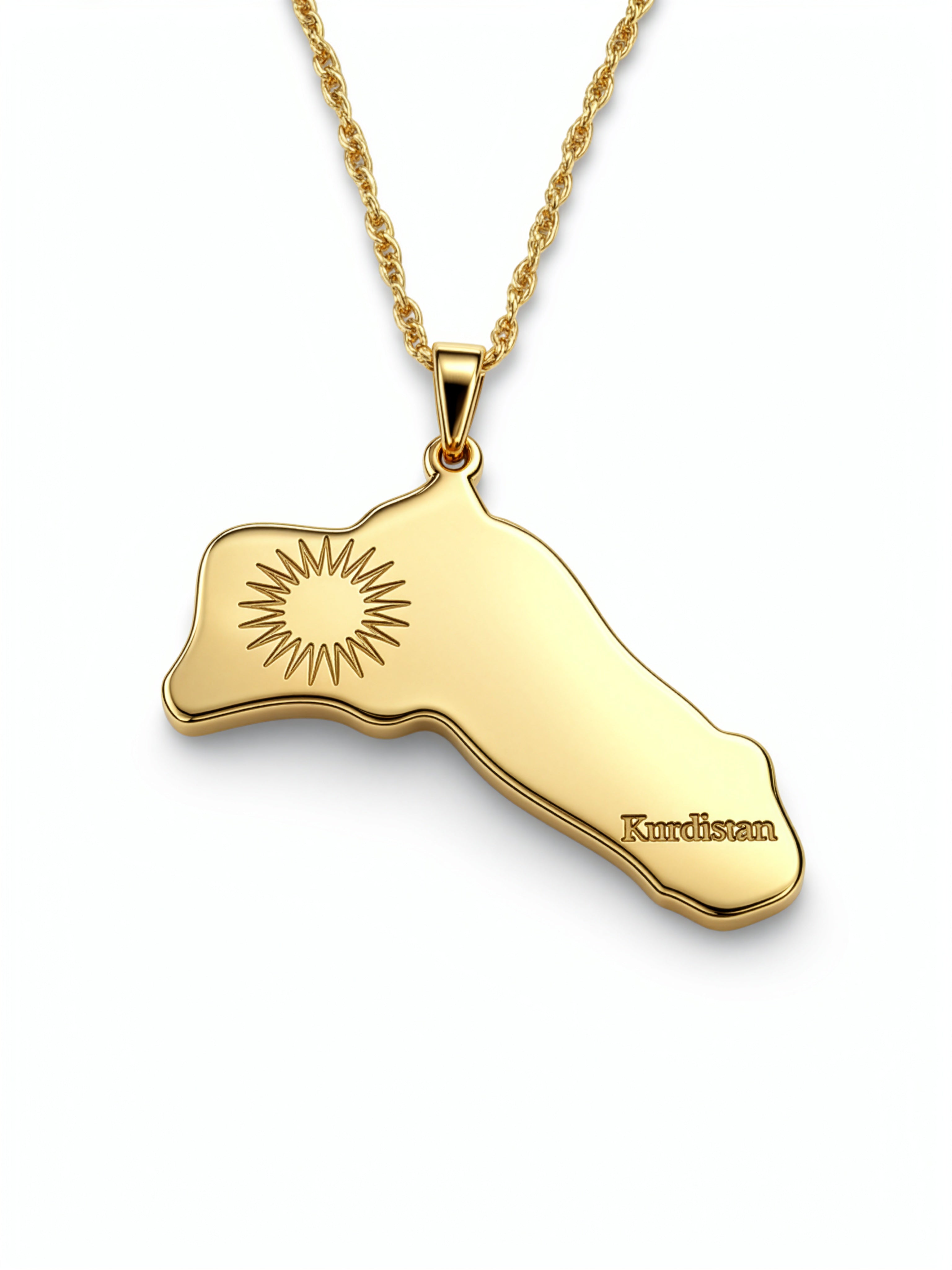 18K gold plated Kurdistan map necklace with engraved sun emblem and Kurdistan lettering on a chain by KIRO UK