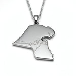 Silver plated Kuwait map necklace with Arabic lettering on the pendant, celebrating Middle Eastern heritage and national pride from KIRO UK