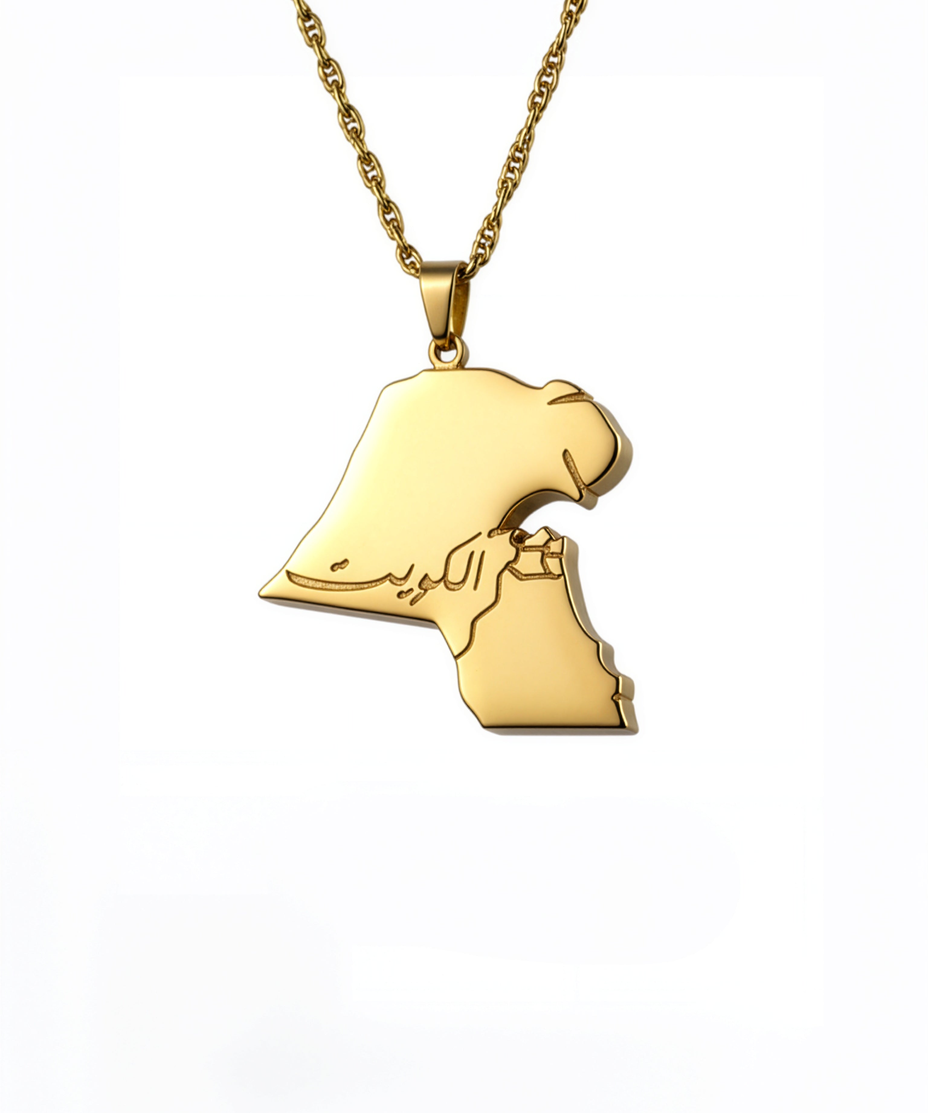 18K Gold Plated Kuwait map pendant necklace with Arabic lettering and a stylized falcon design celebrating Kuwaiti national pride