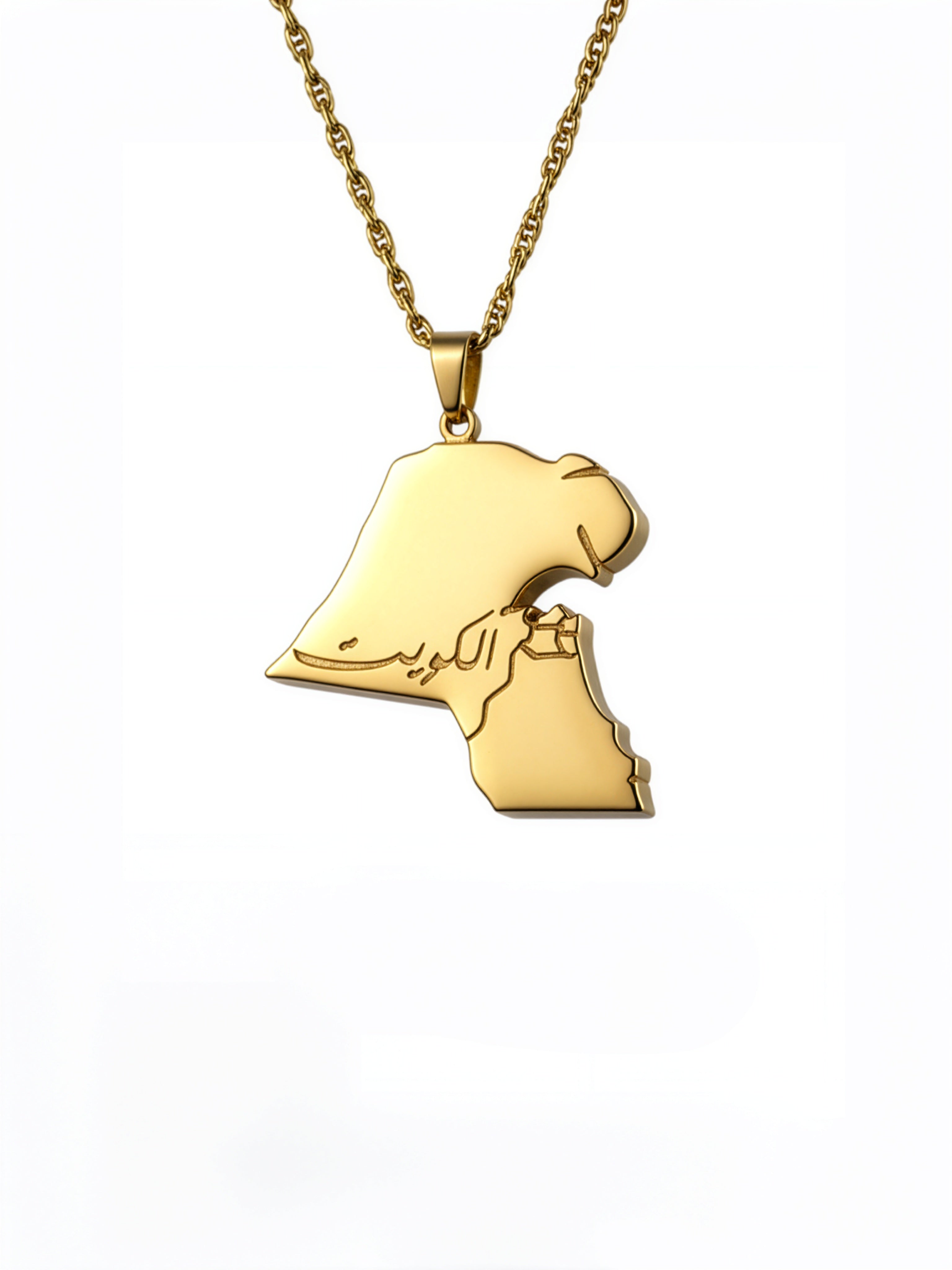 18K Gold Plated Kuwait map pendant necklace with Arabic lettering and a stylized falcon design celebrating Kuwaiti national pride