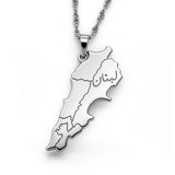 Silver plated Lebanon map pendant necklace with Arabic engraving reading Lebanon on a chain by KIRO UK