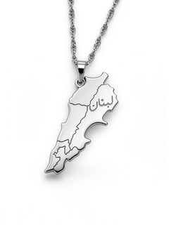Silver plated Lebanon map pendant necklace with Arabic engraving reading Lebanon on a chain by KIRO UK