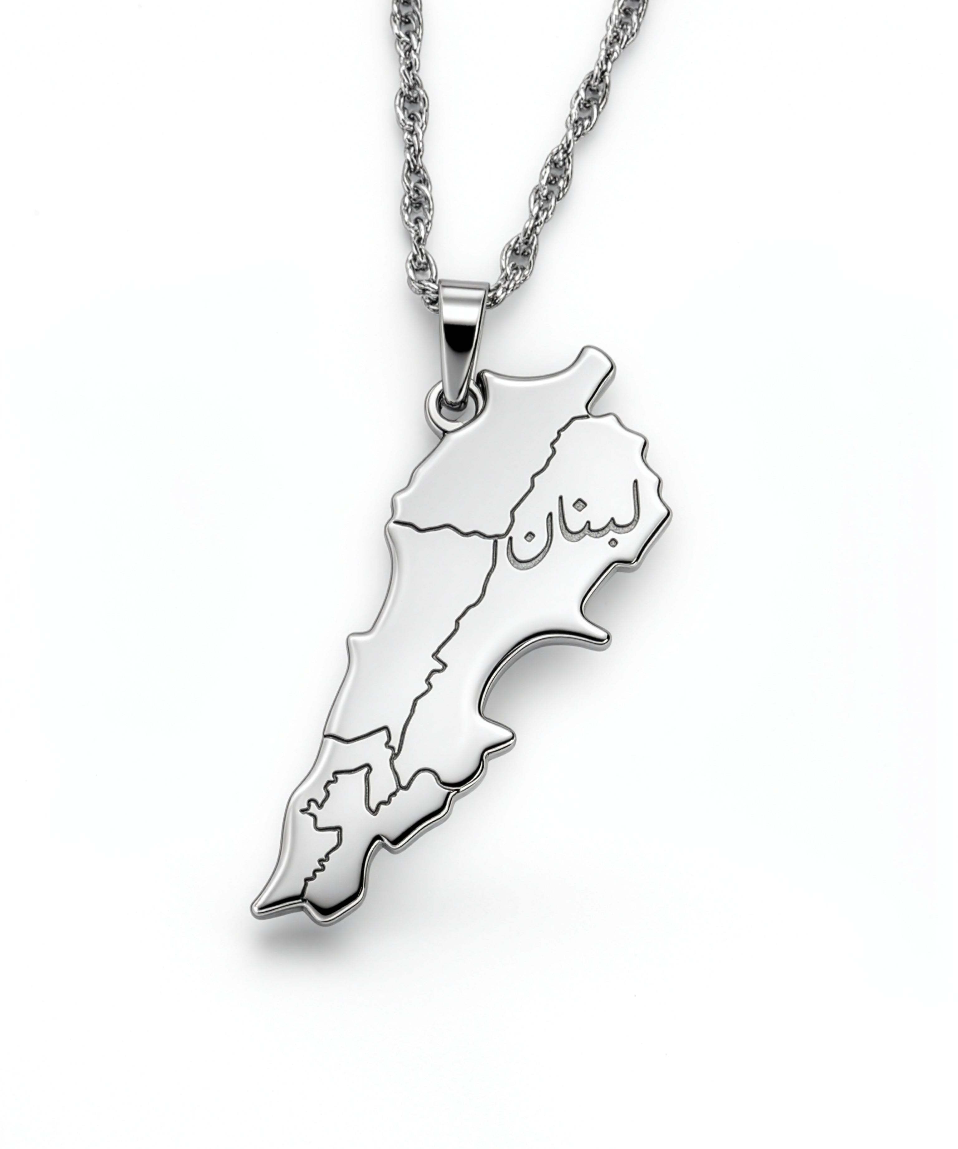 Silver plated Lebanon map pendant necklace with Arabic engraving reading Lebanon on a chain by KIRO UK