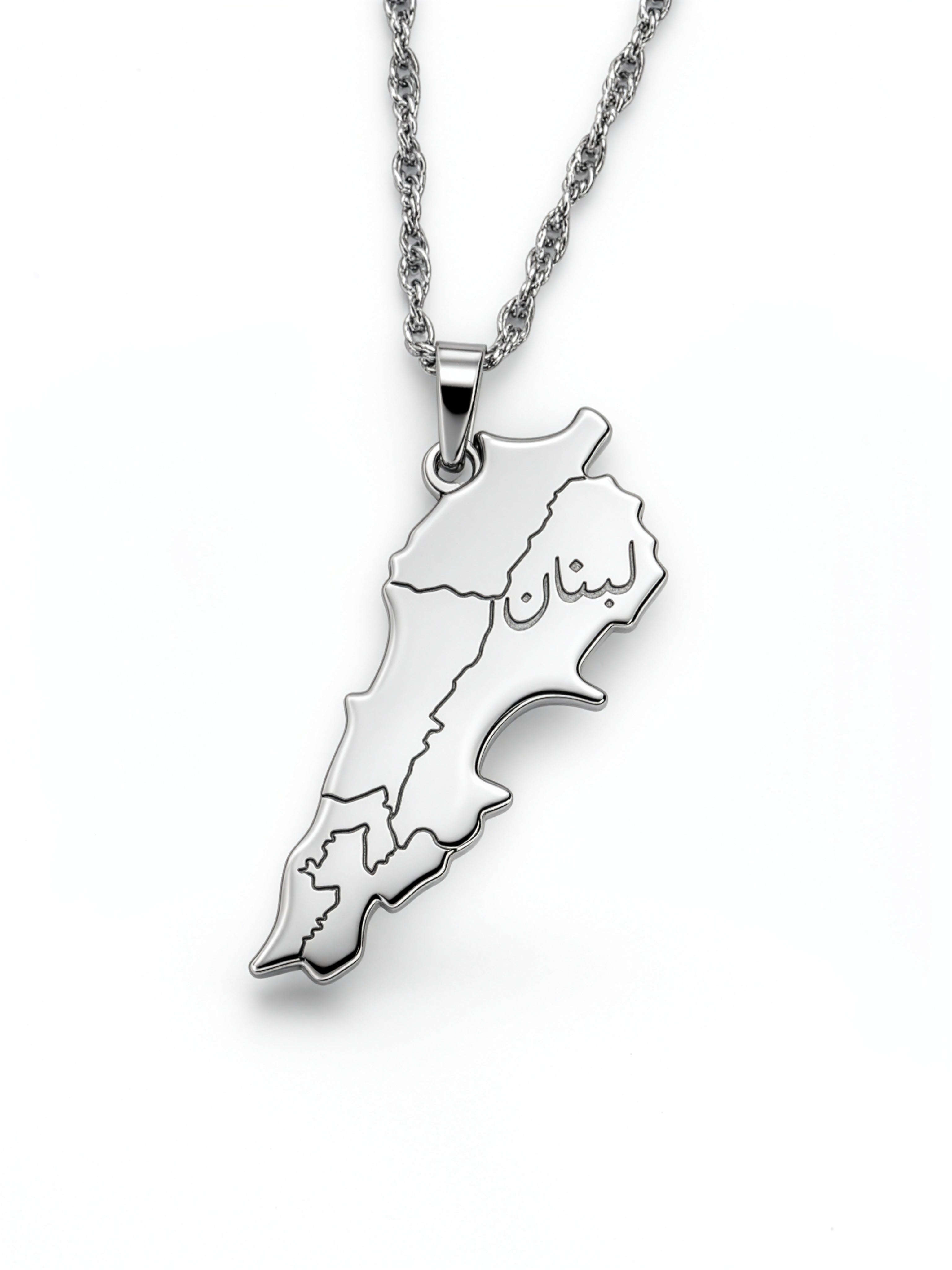 Silver plated Lebanon map pendant necklace with Arabic engraving reading Lebanon on a chain by KIRO UK